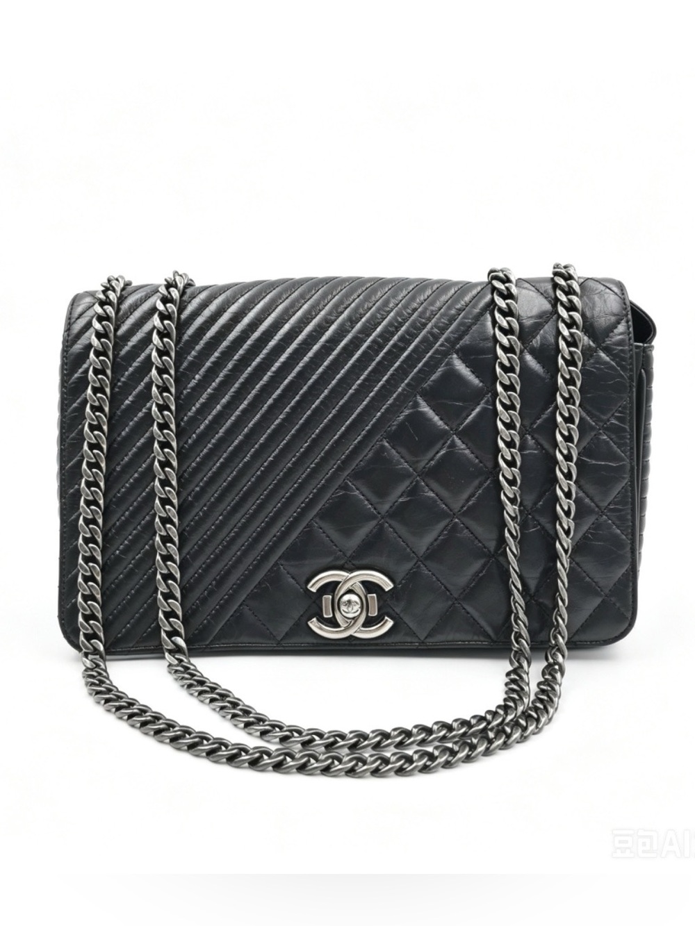 CHANEL Coco boy Flap bag F Black Quilted & Chevron Leather Shoulder Bag